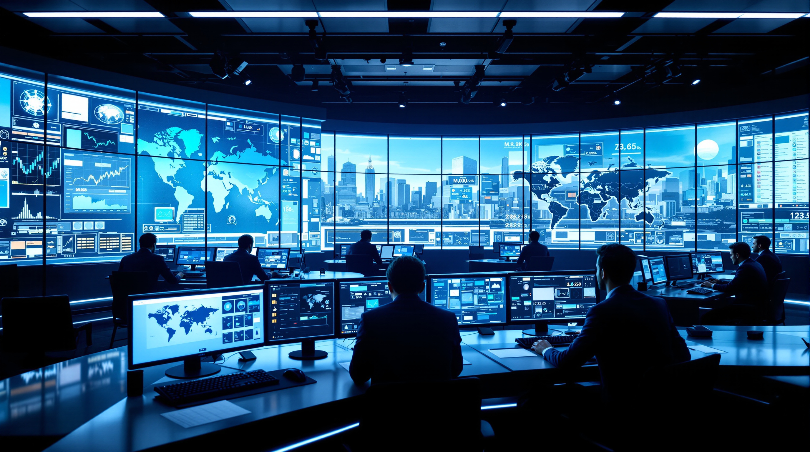 Modern digital newsroom with journalists working at computer stations